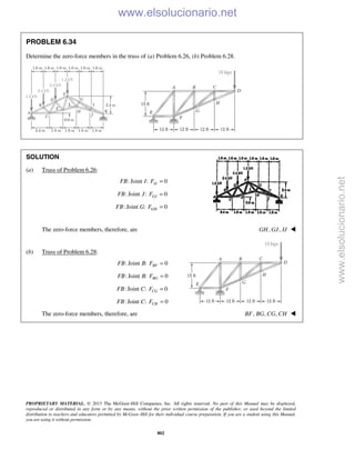 PROPRIETARY MATERIAL. © 2013 The McGraw-Hill Companies, Inc. All rights reserved. No part of this Manual may be displayed,
reproduced or distributed in any form or by any means, without the prior written permission of the publisher, or used beyond the limited
distribution to teachers and educators permitted by McGraw-Hill for their individual course preparation. If you are a student using this Manual,
you are using it without permission.
802
PROBLEM 6.34
Determine the zero-force members in the truss of (a) Problem 6.26, (b) Problem 6.28.
SOLUTION
(a) Truss of Problem 6.26:
: Joint : 0IJFB I F =
: Joint : 0GJFB J F =
: Joint : 0GHFB G F =
The zero-force members, therefore, are , ,GH GJ IJ 
(b) Truss of Problem 6.28:
: Joint : 0BFFB B F =
: Joint : 0BGFB B F =
: Joint : 0CGFB C F =
: Joint : 0CHFB C F =
The zero-force members, therefore, are , , ,BF BG CG CH 
www.elsolucionario.net
www.elsolucionario.net
 