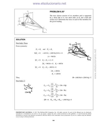 PROPRIETARY MATERIAL. © 2013 The McGraw-Hill Companies, Inc. All rights reserved. No part of this Manual may be displayed,
reproduced or distributed in any form or by any means, without the prior written permission of the publisher, or used beyond the limited
distribution to teachers and educators permitted by McGraw-Hill for their individual course preparation. If you are a student using this Manual,
you are using it without permission.
803
PROBLEM 6.35*
The truss shown consists of six members and is supported
by a short link at A, two short links at B, and a ball and
socket at D. Determine the force in each of the members for
the given loading.
SOLUTION
Free body: Truss:
From symmetry:
and= =x x y yD B D B
0: (10 ft) (400 lb)(24 ft) 0zM AΣ = − − =
960 lbA = −
0: 0x x xF B D AΣ = + + =
2 960 lb 0, 480 lbx xB B− = =
0: 400 lb 0y y yF B DΣ = + − =
2 400 lb
200 lb
y
y
B
B
=
= +
Thus, (480 lb) (200 lb)= +B i j 
Free body: C:
( 24 10 )
26
( 24 7 )
25
( 24 7 )
25
AC
CA AC
BC
CB BC
CD
CD CD
FCA
F F
CA
FCB
F F
CB
FCD
F F
CD
= = − +
= = − +
= = − −
i j
i k
i k



0: (400 lb) 0CA CB CDΣ = + + − =F F F F j
www.elsolucionario.net
www.elsolucionario.net
 
