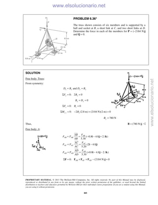 PROPRIETARY MATERIAL. © 2013 The McGraw-Hill Companies, Inc. All rights reserved. No part of this Manual may be displayed,
reproduced or distributed in any form or by any means, without the prior written permission of the publisher, or used beyond the limited
distribution to teachers and educators permitted by McGraw-Hill for their individual course preparation. If you are a student using this Manual,
you are using it without permission.
805
PROBLEM 6.36*
The truss shown consists of six members and is supported by a
ball and socket at B, a short link at C, and two short links at D.
Determine the force in each of the members for P = (−2184 N)j
and Q = 0.
SOLUTION
Free body: Truss:
From symmetry:
andx x y yD B D B= =
0: 2 0x xF BΣ = =
0x xB D= =
0: 0z zF BΣ = =
0: 2 (2.8 m) (2184 N)(2 m) 0c z yM BΣ = − + =
780 NyB =
Thus, (780 N)=B j 
Free body: A:
( 0.8 4.8 2.1 )
5.30
(2 4.8 )
5.20
( 0.8 4.8 2.1 )
5.30
AB
AB AB
AC
AC AC
AD
AD AD
FAB
F F
AB
FAC
F F
AC
FAD
F F
AD
= = − − +
= = −
= = + − −
i j k
i j
i j k



0: (2184 N) 0AB AC ADΣ = + + − =F F F F j
www.elsolucionario.net
www.elsolucionario.net
 