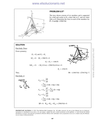 PROPRIETARY MATERIAL. © 2013 The McGraw-Hill Companies, Inc. All rights reserved. No part of this Manual may be displayed,
reproduced or distributed in any form or by any means, without the prior written permission of the publisher, or used beyond the limited
distribution to teachers and educators permitted by McGraw-Hill for their individual course preparation. If you are a student using this Manual,
you are using it without permission.
807
PROBLEM 6.37*
The truss shown consists of six members and is supported
by a ball and socket at B, a short link at C, and two short
links at D. Determine the force in each of the members for
P = 0 and Q = (2968 N)i.
SOLUTION
Free body: Truss:
From symmetry:
andx x y yD B D B= =
0: 2 2968 N 0x xF BΣ = + =
1484 Nx xB D= = −
0: 2 (2.8 m) (2968 N)(4.8 m) 0cz yM B′Σ = − − =
2544 NyB = −
Thus, (1484 N) (2544 N)= − −B i j 
Free body: A:
( 0.8 4.8 2.1 )
5.30
(2 4.8 )
5.20
( 0.8 4.8 2.1 )
5.30
AB AB
AB
AC
AC AC
AD AD
AD
AB
F F
AB
F
FAC
F F
AC
AD
F F
AD
F
=
= − − +
= = −
=
= − − −
i j k
i j
i j k



0: (2968 N) 0AB AC ADΣ = + + + =F F F F i
www.elsolucionario.net
www.elsolucionario.net
 