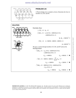 PROPRIETARY MATERIAL. © 2013 The McGraw-Hill Companies, Inc. All rights reserved. No part of this Manual may be displayed,
reproduced or distributed in any form or by any means, without the prior written permission of the publisher, or used beyond the limited
distribution to teachers and educators permitted by McGraw-Hill for their individual course preparation. If you are a student using this Manual,
you are using it without permission.
821
PROBLEM 6.45
A Warren bridge truss is loaded as shown. Determine the force in
members CE, DE, and DF.
SOLUTION
Free body: Truss:
0: 0x xFΣ = =k
0: (62.5 ft) (6000 lb)(12.5 ft)
(6000 lb)(25 ft) 0
A yM kΣ = −
− =
3600 lby= =k k 
0: 3600 lb 6000 lb 6000 lb 0yF AΣ = + − − =
8400 lb=A 
We pass a section through members CE, DE, and DF and use the
free body shown.
0: (15 ft) (8400 lb)(18.75 ft)
(6000 lb)(6.25 ft) 0
D CEM FΣ = −
+ =
8000 lbCEF = + 8000 lbCEF T= 
15
0: 8400 lb 6000 lb 0
16.25
y DEF FΣ = − − =
2600 lbDEF = + 2600 lbDEF T= 
0: 6000 lb(12.5 ft) (8400 lb)(25 ft)
(15 ft) 0
E
DF
M
F
Σ = −
− =
9000 lbDFF = − 9000 lbDFF C= 
www.elsolucionario.net
www.elsolucionario.net
 