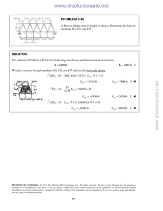 PROPRIETARY MATERIAL. © 2013 The McGraw-Hill Companies, Inc. All rights reserved. No part of this Manual may be displayed,
reproduced or distributed in any form or by any means, without the prior written permission of the publisher, or used beyond the limited
distribution to teachers and educators permitted by McGraw-Hill for their individual course preparation. If you are a student using this Manual,
you are using it without permission.
822
PROBLEM 6.46
A Warren bridge truss is loaded as shown. Determine the force in
members EG, FG, and FH.
SOLUTION
See solution of Problem 6.45 for free-body diagram of truss and determination of reactions:
8400 lb=A 3600 lb=k 
We pass a section through members EG, FG, and FH, and use the free body shown.
0: (3600 lb)(31.25 ft) (15 ft) 0F EGM FΣ = − =
7500 lbEGF = + 7500 lbEGF T= 
15
0: 3600 lb 0
16.25
y FGF FΣ = + =
3900 lbFGF = − 3900 lbFGF C= 
0: (15 ft) (3600 lb)(25 ft) 0Σ = + =G FHM F
6000 lbFHF = − 6000 lbFHF C= 
www.elsolucionario.net
www.elsolucionario.net
 