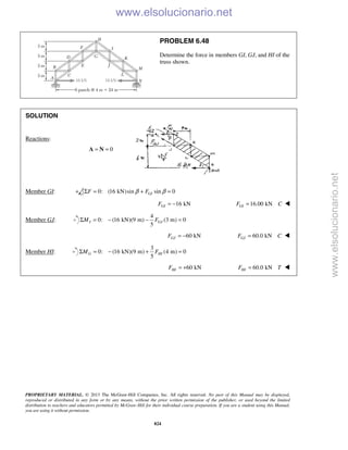 PROPRIETARY MATERIAL. © 2013 The McGraw-Hill Companies, Inc. All rights reserved. No part of this Manual may be displayed,
reproduced or distributed in any form or by any means, without the prior written permission of the publisher, or used beyond the limited
distribution to teachers and educators permitted by McGraw-Hill for their individual course preparation. If you are a student using this Manual,
you are using it without permission.
824
PROBLEM 6.48
Determine the force in members GI, GJ, and HI of the
truss shown.
SOLUTION
Reactions:
0= =A N
Member GI: + 0: (16 kN)sin sin 0GIF Fβ βΣ = + =
16 kNGIF = − 16.00 kNGIF C= 
Member GJ:
4
0: (16 kN)(9 m) (3 m) 0
5
I GJM FΣ = − − =
60 kNGJF = − 60.0 kNGJF C= 
Member HI:
3
0: (16 kN)(9 m) (4 m) 0
5
G HIM FΣ = − + =
60 kNHIF = + 60.0 kNHIF T= 
www.elsolucionario.net
www.elsolucionario.net
 