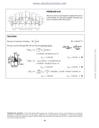 PROPRIETARY MATERIAL. © 2013 The McGraw-Hill Companies, Inc. All rights reserved. No part of this Manual may be displayed,
reproduced or distributed in any form or by any means, without the prior written permission of the publisher, or used beyond the limited
distribution to teachers and educators permitted by McGraw-Hill for their individual course preparation. If you are a student using this Manual,
you are using it without permission.
832
PROBLEM 6.56
The truss shown was designed to support the roof of
a food market. For the given loading, determine the
force in members KM, LM, and LN.
SOLUTION
Because of symmetry of loading,
1
load
2
=O 4.48 kN=O 
We pass a section through KM, LM, LN, and use free body shown.
3.84
0: (3.68 m)
4
(4.48 kN 0.6 kN)(3.6 m) 0
M LNM F
 
Σ =  
 
+ − =
3.954 kNLNF = − 3.95 kNLNF C= 
0: (4.80 m) (1.24 kN)(3.84 m)
(4.48 kN 0.6 kN)(7.44 m) 0
L KMM FΣ = − −
+ − =
5.022 kNKMF = + 5.02 kNKMF T= 
4.80 1.12
0: ( 3.954 kN) 1.24 kN 0.6 kN 4.48 kN 0
6.147 4
y LMF FΣ = + − − − + =
1.963 kNLMF = − 1.963 kNLMF C= 
www.elsolucionario.net
www.elsolucionario.net
 