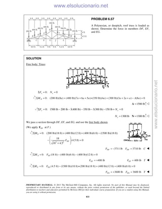 PROPRIETARY MATERIAL. © 2013 The McGraw-Hill Companies, Inc. All rights reserved. No part of this Manual may be displayed,
reproduced or distributed in any form or by any means, without the prior written permission of the publisher, or used beyond the limited
distribution to teachers and educators permitted by McGraw-Hill for their individual course preparation. If you are a student using this Manual,
you are using it without permission.
833
PROBLEM 6.57
A Polynesian, or duopitch, roof truss is loaded as
shown. Determine the force in members DF, EF,
and EG.
SOLUTION
Free body: Truss:
0: 0x xF NΣ = =
0: (200 lb)(8 ) (400 lb)(7 6 5 )+(350 lb)(4 ) (300 lb)(3 2 ) (8 ) 0NM a a a a a a a a A aΣ = + + + + + + − =
1500 lb=A 
0: 1500 lb 200 lb 3(400 lb) 350 lb 3(300 lb) 150 lb 0y yF NΣ = − − − − − + =
1300 lb 1300 lbyN = =N 
We pass a section through DF, EF, and EG, and use the free body shown.
(We apply DFF at F.)
2 2
0: (200 lb)(18 ft) (400 lb)(12 ft) (400 lb)(6 ft) (1500 lb)(18 ft)
18
(4.5 ft) 0
18 4.5
E
DF
M
F
Σ = + + −
 
− = 
 + 
3711 lb 3710 lbDF DFF F C= − = 
0: (18 ft) (400 lb)(6 ft) (400 lb)(12 ft) 0A EFM FΣ = − − =
400 lbEFF = + 400 lbEFF T= 
0: (4.5 ft) (1500 lb)(18 ft)+(200 lb)(18 ft) (400 lb)(12 ft) (400 lb)(6 ft) 0F EGM FΣ = − + + =
3600 lb 3600 lbEG EGF F T= + = 
www.elsolucionario.net
www.elsolucionario.net
 