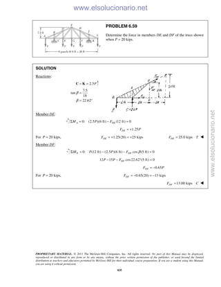 PROPRIETARY MATERIAL. © 2013 The McGraw-Hill Companies, Inc. All rights reserved. No part of this Manual may be displayed,
reproduced or distributed in any form or by any means, without the prior written permission of the publisher, or used beyond the limited
distribution to teachers and educators permitted by McGraw-Hill for their individual course preparation. If you are a student using this Manual,
you are using it without permission.
835
PROBLEM 6.59
Determine the force in members DE and DF of the truss shown
when P = 20 kips.
SOLUTION
Reactions:
2.5P= =C K
7.5
tan
18
22.62
β
β
=
= °
Member DE:
0: (2.5 )(6 ft) (12 ft) 0A DEM P FΣ = − =
1.25DEF P= +
For 20 kips,P = 1.25(20) 25 kipsDEF = + = + 25.0 kipsDEF T= 
Member DF:
0: (12 ft) (2.5 )(6 ft) cos (5 ft) 0E DFM P P F βΣ = − − =
12 15 cos 22.62 (5 ft) 0DFP P F− − ° =
0.65DFF P= −
For 20 kips,P = 0.65(20) 13 kipsDFF = − = −
13.00 kipsDFF C= 
www.elsolucionario.net
www.elsolucionario.net
 