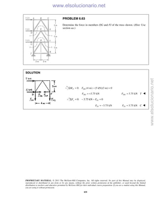 PROPRIETARY MATERIAL. © 2013 The McGraw-Hill Companies, Inc. All rights reserved. No part of this Manual may be displayed,
reproduced or distributed in any form or by any means, without the prior written permission of the publisher, or used beyond the limited
distribution to teachers and educators permitted by McGraw-Hill for their individual course preparation. If you are a student using this Manual,
you are using it without permission.
839
PROBLEM 6.63
Determine the force in members DG and FI of the truss shown. (Hint: Use
section aa.)
SOLUTION
0: (4 m) (5 kN)(3 m) 0F DGM FΣ = − =
3.75 kNDGF = + 3.75 kNDGF T= 
0: 3.75 kN 0y FIF FΣ = − − =
3.75 kNFIF = − 3.75 kNFIF C= 
www.elsolucionario.net
www.elsolucionario.net
 