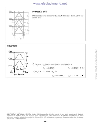 PROPRIETARY MATERIAL. © 2013 The McGraw-Hill Companies, Inc. All rights reserved. No part of this Manual may be displayed,
reproduced or distributed in any form or by any means, without the prior written permission of the publisher, or used beyond the limited
distribution to teachers and educators permitted by McGraw-Hill for their individual course preparation. If you are a student using this Manual,
you are using it without permission.
840
PROBLEM 6.64
Determine the force in members GJ and IK of the truss shown. (Hint: Use
section bb.)
SOLUTION
0: (4 m) (5 kN)(6 m) (5 kN)(3 m) 0I GJM FΣ = − − =
11.25 kNGJF = + 11.25 kNGJF T= 
0: 11.25 kN 0y IKF FΣ = − − =
11.25 kNIKF = − 11.25 kNIKF C= 
www.elsolucionario.net
www.elsolucionario.net
 