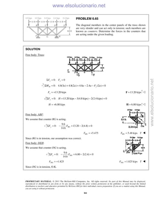 PROPRIETARY MATERIAL. © 2013 The McGraw-Hill Companies, Inc. All rights reserved. No part of this Manual may be displayed,
reproduced or distributed in any form or by any means, without the prior written permission of the publisher, or used beyond the limited
distribution to teachers and educators permitted by McGraw-Hill for their individual course preparation. If you are a student using this Manual,
you are using it without permission.
841
PROBLEM 6.65
The diagonal members in the center panels of the truss shown
are very slender and can act only in tension; such members are
known as counters. Determine the forces in the counters that
are acting under the given loading.
SOLUTION
Free body: Truss:
0: 0x xF FΣ = =
0: 4.8(3 ) 4.8(2 ) 4.8 2.4 (2 ) 0H yM a a a a F aΣ = + + − − =
13.20 kipsyF = + 13.20 kips=F 
0: 13.20 kips 3(4.8 kips) 2(2.4 kips) 0yF HΣ = + − − =
6.00 kipsH = + 6.00 kips=H 
Free body: ABF:
We assume that counter BG is acting.
9.6
0: 13.20 2(4.8) 0
14.6
y BGF FΣ = − + − =
5.475BGF = + 5.48 kipsBGF T= 
Since BG is in tension, our assumption was correct.
Free body: DEH:
We assume that counter DG is acting.
9.6
0: 6.00 2(2.4) 0
14.6
y DGF FΣ = − + − =
1.825DGF = + 1.825 kipsDGF T= 
Since DG is in tension, O.K.
www.elsolucionario.net
www.elsolucionario.net
 