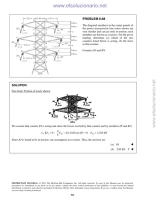 PROPRIETARY MATERIAL. © 2013 The McGraw-Hill Companies, Inc. All rights reserved. No part of this Manual may be displayed,
reproduced or distributed in any form or by any means, without the prior written permission of the publisher, or used beyond the limited
distribution to teachers and educators permitted by McGraw-Hill for their individual course preparation. If you are a student using this Manual,
you are using it without permission.
844
PROBLEM 6.68
The diagonal members in the center panels of
the power transmission line tower shown are
very slender and can act only in tension; such
members are known as counters. For the given
loading, determine (a) which of the two
counters listed below is acting, (b) the force
in that counter.
Counters IO and KN
SOLUTION
Free body: Portion of tower shown.
We assume that counter IO is acting and show the forces exerted by that counter and by members IN and KO.
4
0: 4(1.2 kN)sin 20 0 2.05 kN
5
x IO IOF F FΣ = − ° = = +
Since IO is found to be in tension, our assumption was correct. Thus, the answers are
(a) IO 
(b) 2.05 kN T 
www.elsolucionario.net
www.elsolucionario.net
 