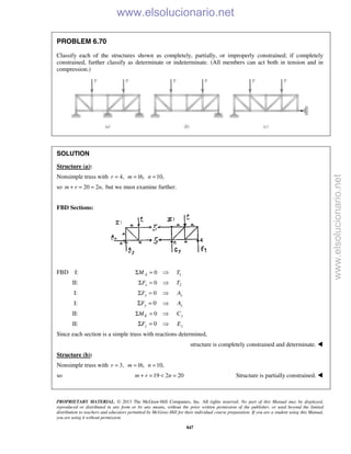 PROPRIETARY MATERIAL. © 2013 The McGraw-Hill Companies, Inc. All rights reserved. No part of this Manual may be displayed,
reproduced or distributed in any form or by any means, without the prior written permission of the publisher, or used beyond the limited
distribution to teachers and educators permitted by McGraw-Hill for their individual course preparation. If you are a student using this Manual,
you are using it without permission.
847
PROBLEM 6.70
Classify each of the structures shown as completely, partially, or improperly constrained; if completely
constrained, further classify as determinate or indeterminate. (All members can act both in tension and in
compression.)
SOLUTION
Structure (a):
Nonsimple truss with 4,r = 16,m = 10,n =
so 20 2 ,m r n+ = = but we must examine further.
FBD Sections:
FBD I: 0AMΣ =  1T
II: 0xFΣ =  2T
I: 0xFΣ =  xA
I: 0yFΣ =  yA
II: 0EMΣ =  yC
II: 0yFΣ =  yE
Since each section is a simple truss with reactions determined,
structure is completely constrained and determinate. 
Structure (b):
Nonsimple truss with 3,r = 16,m = 10,n =
so 19 2 20m r n+ = < = Structure is partially constrained. 
www.elsolucionario.net
www.elsolucionario.net
 
