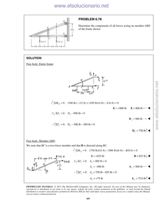 PROPRIETARY MATERIAL. © 2013 The McGraw-Hill Companies, Inc. All rights reserved. No part of this Manual may be displayed,
reproduced or distributed in any form or by any means, without the prior written permission of the publisher, or used beyond the limited
distribution to teachers and educators permitted by McGraw-Hill for their individual course preparation. If you are a student using this Manual,
you are using it without permission.
859
PROBLEM 6.78
Determine the components of all forces acting on member ABD
of the frame shown.
SOLUTION
Free body: Entire frame:
0: (300 lb) (12 ft) (450 lb)(4 ft) (6 ft) 0DM EΣ = − + − =
900 lb= +E 900 lb=E 
0: 900 lb 0x xF DΣ = − =
900 lbx =D 
0: 300 lb 450 lb 0y yF DΣ = − − =
750 lby =D 
Free body: Member ABD:
We note that BC is a two-force member and that B is directed along BC.
0: (750 lb)(16 ft) (900 lb)(6 ft) (8 ft) 0AM BΣ = − − =
825 lbB = + 825 lb=B 
0: 900 lb 0x xF AΣ = + =
900 lbxA = − 900 lbx =A 
0: 750 lb 825 lb 0y yF AΣ = + − =
75 lbyA = + 75.0 lby =A 
www.elsolucionario.net
www.elsolucionario.net
 