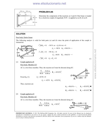 PROPRIETARY MATERIAL. © 2013 The McGraw-Hill Companies, Inc. All rights reserved. No part of this Manual may be displayed,
reproduced or distributed in any form or by any means, without the prior written permission of the publisher, or used beyond the limited
distribution to teachers and educators permitted by McGraw-Hill for their individual course preparation. If you are a student using this Manual,
you are using it without permission.
869
PROBLEM 6.86
Determine the components of the reactions at A and E if the frame is loaded
by a clockwise couple of magnitude 36 N · m applied (a) at B, (b) at D.
SOLUTION
Free body: Entire frame:
The following analysis is valid for both parts (a) and (b) since the point of application of the couple is
immaterial.
0: 36 N m (0.4 m) 0E xM AΣ = − ⋅ − =
90 N 90.0 Nx xA = − =A
0: 90 + 0x xF EΣ = − =
90 N 90.0 Nx xE = =E
0: 0y y yF A EΣ = + = (1)
(a) Couple applied at B.
Free body: Member CE:
AC is a two-force member. Thus, the reaction at E must be directed along EC.
0.24 m
; 45.0 N
90 N 0.48 m
y
y
E
= =E
From Eq. (1): 45 N 0+ =yA
45 N 45.0 Ny yA = − =A
Thus, reactions are
90.0 Nx =A , 45.0 Ny =A 
90.0 Nx =E , 45.0 Ny =E 
(b) Couple applied at D.
Free body: Member AC:
AC is a two-force member. Thus, the reaction at A must be directed along AC.
0.16 m
; 30 N
90 N 0.48 m
y
y
A
= =A
www.elsolucionario.net
www.elsolucionario.net
 
