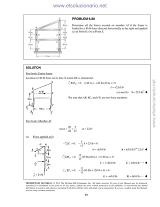 PROPRIETARY MATERIAL. © 2013 The McGraw-Hill Companies, Inc. All rights reserved. No part of this Manual may be displayed,
reproduced or distributed in any form or by any means, without the prior written permission of the publisher, or used beyond the limited
distribution to teachers and educators permitted by McGraw-Hill for their individual course preparation. If you are a student using this Manual,
you are using it without permission.
873
PROBLEM 6.88
Determine all the forces exerted on member AI if the frame is
loaded by a 40-lb force directed horizontally to the right and applied
(a) at Point D, (b) at Point E.
SOLUTION
Free body: Entire frame:
Location of 40-lb force on its line of action DE is immaterial.
0: (48 in.) (40 lb)(30 in.) 0HM IΣ = − =
25.0 lbI = +
(a) and (b) 25.0 lb=I 
We note that AB, BC, and FG are two-force members.
Free body: Member AI:
20 5
tan 22.6
48 12
α α= = = °
(a) Force applied at D.
5
0: 25 lb 0
13
yF AΣ = − + =
65.0 lbA = + 65.0 lb=A 22.6° 
12
0: (65 lb)(40 in.) (20 in.) 0
13
GM CΣ = − =
120.0 lbC = + 120.0 lb=C 
12
0: (65 lb) 120 lb 0
13
xF GΣ = − + + =
60.0 lbG = − 60.0 lb=G 
www.elsolucionario.net
www.elsolucionario.net
 
