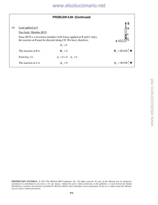 PROPRIETARY MATERIAL. © 2013 The McGraw-Hill Companies, Inc. All rights reserved. No part of this Manual may be displayed,
reproduced or distributed in any form or by any means, without the prior written permission of the publisher, or used beyond the limited
distribution to teachers and educators permitted by McGraw-Hill for their individual course preparation. If you are a student using this Manual,
you are using it without permission.
876
PROBLEM 6.89 (Continued)
(b) Load applied at F.
Free body: Member BCD:
Since BCD is a two-force member (with forces applied at B and C only),
the reaction at B must be directed along CB. We have, therefore,
0xB =
The reaction at B is 0x =B 60.0 lby =B 
From Eq. (1): 0 0 0x xA A+ = =
The reaction at A is 0x =A 40.0 lby =A 
www.elsolucionario.net
www.elsolucionario.net
 