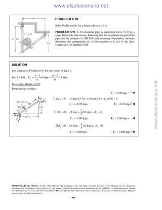 PROPRIETARY MATERIAL. © 2013 The McGraw-Hill Companies, Inc. All rights reserved. No part of this Manual may be displayed,
reproduced or distributed in any form or by any means, without the prior written permission of the publisher, or used beyond the limited
distribution to teachers and educators permitted by McGraw-Hill for their individual course preparation. If you are a student using this Manual,
you are using it without permission.
880
PROBLEM 6.92
Solve Problem 6.91 for a frame where h = 6 ft.
PROBLEM 6.91 A 3-ft-diameter pipe is supported every 16 ft by a
small frame like that shown. Knowing that the combined weight of the
pipe and its contents is 500 lb/ft and assuming frictionless surfaces,
determine the components (a) of the reaction at E, (b) of the force
exerted at C on member CDE.
SOLUTION
See solution of Problem 6.91 for derivation of Eq. (1).
For
3 6 3
6 ft, C (6 kips) 3 kips
6
x
h
h
h
− −
= = = =
Free body: Member CDE:
From above, we have
3.00 kipsx =C 
0: (10 kips)(7 ft) (3 kips)(6 ft) (8 ft) 0E yM CΣ = − − =
6.50 kips,yC = + 6.50 kipsy =C 
3
0: 3 kips (10 kips) 0
5
x xF EΣ = − + + =
3.00 kips,xE = − 3.00 kipsx =E 
4
0: 6.5 kips (10 kips) 0
5
y yF EΣ = − + =
1.500 kipsyE = 1.500 kipsy =E 
www.elsolucionario.net
www.elsolucionario.net
 