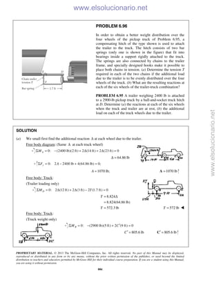 PROPRIETARY MATERIAL. © 2013 The McGraw-Hill Companies, Inc. All rights reserved. No part of this Manual may be displayed,
reproduced or distributed in any form or by any means, without the prior written permission of the publisher, or used beyond the limited
distribution to teachers and educators permitted by McGraw-Hill for their individual course preparation. If you are a student using this Manual,
you are using it without permission.
884
PROBLEM 6.96
In order to obtain a better weight distribution over the
four wheels of the pickup truck of Problem 6.95, a
compensating hitch of the type shown is used to attach
the trailer to the truck. The hitch consists of two bar
springs (only one is shown in the figure) that fit into
bearings inside a support rigidly attached to the truck.
The springs are also connected by chains to the trailer
frame, and specially designed hooks make it possible to
place both chains in tension. (a) Determine the tension T
required in each of the two chains if the additional load
due to the trailer is to be evenly distributed over the four
wheels of the truck. (b) What are the resulting reactions at
each of the six wheels of the trailer-truck combination?
PROBLEM 6.95 A trailer weighing 2400 lb is attached
to a 2900-lb pickup truck by a ball-and-socket truck hitch
at D. Determine (a) the reactions at each of the six wheels
when the truck and trailer are at rest, (b) the additional
load on each of the truck wheels due to the trailer.
SOLUTION
(a) We small first find the additional reaction Δ at each wheel due to the trailer.
Free body diagram: (Same Δ at each truck wheel)
0: (2400 lb)(2 ft) 2 (14 ft) 2 (23 ft) 0AMΣ = − + Δ + Δ =
64.86 lbΔ =
0: 2 2400 lb 4(64.86 lb) 0;yF AΣ = − + =
1070 lb;A = 1070 lb=A
Free body: Truck:
(Trailer loading only)
0: 2 (12 ft) 2 (3 ft) 2 (1.7 ft) 0DM TΣ = Δ + Δ − =
8.824
8.824(64.86 lb)
572.3 lb
T
T
= Δ
=
= 572 lbT = 
Free body: Truck:
(Truck weight only)
0: (2900 lb)(5 ft) 2 (9 ft) 0BM C′Σ = − + =
805.6 lbC′ = 805.6 lb′ =C
www.elsolucionario.net
www.elsolucionario.net
 