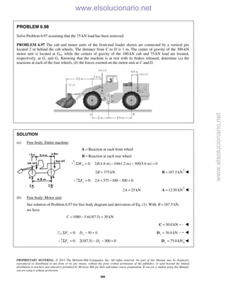 PROPRIETARY MATERIAL. © 2013 The McGraw-Hill Companies, Inc. All rights reserved. No part of this Manual may be displayed,
reproduced or distributed in any form or by any means, without the prior written permission of the publisher, or used beyond the limited
distribution to teachers and educators permitted by McGraw-Hill for their individual course preparation. If you are a student using this Manual,
you are using it without permission.
888
PROBLEM 6.98
Solve Problem 6.97 assuming that the 75-kN load has been removed.
PROBLEM 6.97 The cab and motor units of the front-end loader shown are connected by a vertical pin
located 2 m behind the cab wheels. The distance from C to D is 1 m. The center of gravity of the 300-kN
motor unit is located at Gm, while the centers of gravity of the 100-kN cab and 75-kN load are located,
respectively, at Gc and Gl. Knowing that the machine is at rest with its brakes released, determine (a) the
reactions at each of the four wheels, (b) the forces exerted on the motor unit at C and D.
SOLUTION
(a) Free body: Entire machine:
=A Reaction at each front wheel
=B Reaction at each rear wheel
0: 2 (4.8 m) 100(1.2 m) 300(5.6 m) 0AM BΣ = − − =
2 375 kNB = 187.5 kN=B 
0: 2 375 100 300 0yF AΣ = + − − =
2 25 kNA = 12.50 kN=A 
(b) Free body: Motor unit:
See solution of Problem 6.97 for free body diagram and derivation of Eq. (1). With 187.5 kN,B =
we have
1080 5.6(187.5) 30 kNC = − =
30.0 kN=C 
0: 30 0x xF DΣ = − = 30.0 kNx =D 
0: 2(187.5) 300 0y yF DΣ = − − = 75.0 kNy =D 
www.elsolucionario.net
www.elsolucionario.net
 