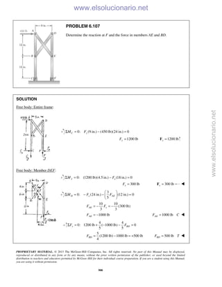 PROPRIETARY MATERIAL. © 2013 The McGraw-Hill Companies, Inc. All rights reserved. No part of this Manual may be displayed,
reproduced or distributed in any form or by any means, without the prior written permission of the publisher, or used beyond the limited
distribution to teachers and educators permitted by McGraw-Hill for their individual course preparation. If you are a student using this Manual,
you are using it without permission.
900
PROBLEM 6.107
Determine the reaction at F and the force in members AE and BD.
SOLUTION
Free body: Entire frame:
0: (9 in.) (450 lb)(24 in.) 0C yM FΣ = − =
1200 lbyF = 1200 lby =F
Free body: Member DEF:
0: (1200 lb)(4.5 in.) (18 in.) 0J xM FΣ = − =
300 lbxF = 300 lbx =F 
3
0: (24 in.) (12 in.) 0
5
D x AEM F F
 
Σ = − − = 
 
10 10
(300 lb)
3 3
AE xF F= − = −
1000 lbAEF = − 1000 lbAEF C= 
4 4
0: 1200 lb ( 1000 lb) 0
5 5
y BDF FΣ = + − − =
5
(1200 lb) 1000 lb 500 lb
4
BDF = − = + 500 lbBDF T= 
www.elsolucionario.net
www.elsolucionario.net
 