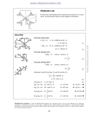 PROPRIETARY MATERIAL. © 2013 The McGraw-Hill Companies, Inc. All rights reserved. No part of this Manual may be displayed,
reproduced or distributed in any form or by any means, without the prior written permission of the publisher, or used beyond the limited
distribution to teachers and educators permitted by McGraw-Hill for their individual course preparation. If you are a student using this Manual,
you are using it without permission.
901
PROBLEM 6.108
For the frame and loading shown, determine the reactions at A, B, D,
and E. Assume that the surface at each support is frictionless.
SOLUTION
Free body: Entire frame:
0: (1000 lb)sin30 0xF A BΣ = − + ° =
500 0A B− + = (1)
0: (1000 lb)cos30 0yF D EΣ = + − ° =
866.03 0D E+ − = (2)
Free body: Member ACE:
0: (6 in.) (8 in.) 0CM A EΣ = − + =
3
4
E A= (3)
Free body: Member BCD:
0: (8 in.) (6 in.) 0CM D BΣ = − + =
3
4
D B= (4)
Substitute E and D from Eqs. (3) and (4) into Eq. (2):
3 3
866.06 0
4 4
1154.71 0
A B
A B
− + − =
+ − = (5)
From Eq. (1): 500 0A B− + = (6)
Eqs. (5) (6):+ 2 654.71 0A − = 327.4 lbA = 327 lb=A 
Eqs. (5) (6):− 2 1654.71 0B − = 827.4 lbB = 827 lb=B 
From Eq. (4):
3
(827.4)
4
D = 620.5 lbD = 621lb=D 
From Eq. (3):
3
(327.4)
4
E = 245.5 lbE = 246 lb=E 
www.elsolucionario.net
www.elsolucionario.net
 