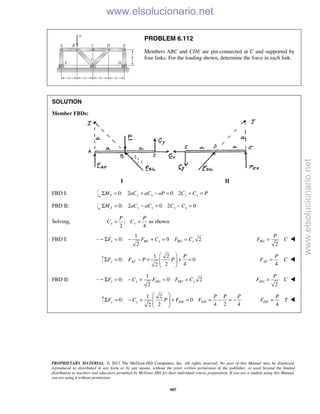 PROPRIETARY MATERIAL. © 2013 The McGraw-Hill Companies, Inc. All rights reserved. No part of this Manual may be displayed,
reproduced or distributed in any form or by any means, without the prior written permission of the publisher, or used beyond the limited
distribution to teachers and educators permitted by McGraw-Hill for their individual course preparation. If you are a student using this Manual,
you are using it without permission.
907
PROBLEM 6.112
Members ABC and CDE are pin-connected at C and supported by
four links. For the loading shown, determine the force in each link.
SOLUTION
Member FBDs:
I II
FBD I: 0: 2 0 2I y x y xM aC aC aP C C PΣ = + − = + =
FBD II: 0: 2 0 2 0J y x y xM aC aC C CΣ = − = − =
Solving, ; as shown.
2 4
x y
P P
C C= =
FBD I:
1
0: 0 2
2
x BG x BG xF F C F CΣ = − + = =
2
BG
P
F C= 
1 2
0: 0
2 42
y AF
P
F F P P
 
Σ = − + + =  
  4
AF
P
F C= 
FBD II:
1
0: 0 2
2
x x DG DG xF C F F CΣ = − + = =
2
DG
P
F C= 
1 2
0: 0
2 4 2 42
y y EH EH
P P P
F C P F F
 
Σ = − + + = = − = −  
  4
EH
P
F T= 
www.elsolucionario.net
www.elsolucionario.net
 