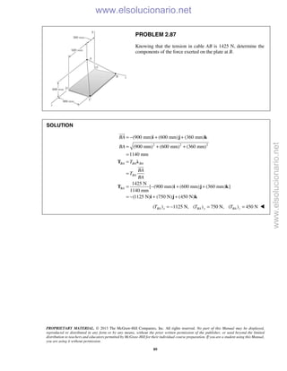 PROPRIETARY MATERIAL. © 2013 The McGraw-Hill Companies, Inc. All rights reserved. No part of this Manual may be displayed,
reproduced or distributed in any form or by any means, without the prior written permission of the publisher, or used beyond the limited
distribution to teachers and educators permitted by McGraw-Hill for their individual course preparation. If you are a student using this Manual,
you are using it without permission.
89
PROBLEM 2.87
Knowing that the tension in cable AB is 1425 N, determine the
components of the force exerted on the plate at B.
SOLUTION
2 2 2
(900 mm) (600 mm) (360 mm)
(900 mm) (600 mm) (360 mm)
1140 mm
1425 N
[ (900 mm) (600 mm) (360 mm) ]
1140 mm
(1125 N) (750 N) (450 N)
BA BA BA
BA
BA
BA
BA
T
BA
T
BA
= − + +
= + +
=
=
=
= − + +
= − + +
i j k
T λ
T i j k
i j k


( ) 1125 N, ( ) 750 N, ( ) 450 NBA x BA y BA zT T T= − = = 
www.elsolucionario.net
www.elsolucionario.net
 