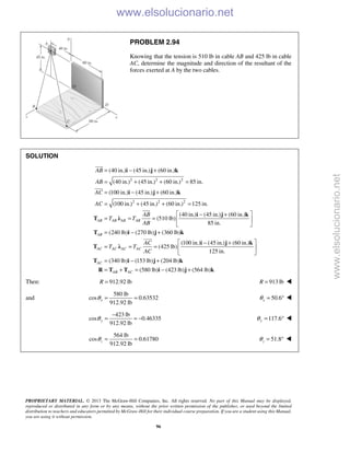 PROPRIETARY MATERIAL. © 2013 The McGraw-Hill Companies, Inc. All rights reserved. No part of this Manual may be displayed,
reproduced or distributed in any form or by any means, without the prior written permission of the publisher, or used beyond the limited
distribution to teachers and educators permitted by McGraw-Hill for their individual course preparation. If you are a student using this Manual,
you are using it without permission.
96
PROBLEM 2.94
Knowing that the tension is 510 lb in cable AB and 425 lb in cable
AC, determine the magnitude and direction of the resultant of the
forces exerted at A by the two cables.
SOLUTION
2 2 2
2 2 2
(40 in.) (45 in.) (60 in.)
(40 in.) (45 in.) (60 in.) 85 in.
(100 in.) (45 in.) (60 in.)
(100 in.) (45 in.) (60 in.) 125 in.
(40 in.) (45 in.) (60 in.)
(510 lb)
85 in.
AB AB AB AB
AB
AB
AC
AC
AB
T T
AB
= − +
= + + =
= − +
= + + =
− +
= = =
i j k
i j k
i j k
T λ



(240 lb) (270 lb) (360 lb)
(100 in.) (45 in.) (60 in.)
(425 lb)
125 in.
(340 lb) (153 lb) (204 lb)
(580 lb) (423 lb) (564 lb)
AB
AC AC AC AC
AC
AB AC
AC
T T
AC
 
 
 
= − +
 − +
= = =  
 
= − +
= + = − +
T i j k
i j k
T λ
T i j k
R T T i j k

Then: 912.92 lbR = 913 lbR = 
and
580 lb
cos 0.63532
912.92 lb
xθ = = 50.6xθ = ° 
423 lb
cos 0.46335
912.92 lb
yθ
−
= = − 117.6yθ = ° 
564 lb
cos 0.61780
912.92 lb
zθ = = 51.8zθ = °  www.elsolucionario.net
www.elsolucionario.net
 