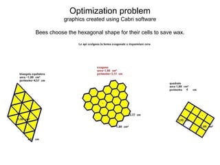 Optimization problem 
graphics created using Cabri software 
Bees choose the hexagonal shape for their cells to save wax. 
4 
