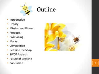 Outline
• Introduction
• History
• Mission and Vision
• Products
• Positioning
• Market
• Competition
• Beesline the Shop
• SWOT Analysis
• Future of Beesline
• Conclusion 2
 