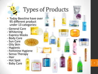Types of Products
• Today Beesline have over
95 different product
under 13 categories:
- General Care
- Whitening
- Express Masks
- Body Care
- Sun Care
- Oily Skin
- Hygienic
- Feminine Hygiene
- Senso Therapy
- Hair
- Hot Spot
- Baby Care 7
 