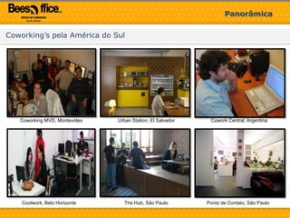 EstudoMarcaPor que o nome BeesOffice?Bees– ABELHAS. Abelhas trabalham em sistema de cooperação. Quando observamos uma colméia, o que mais nos encanta é a sua organização social.  As abelhas sobrevivem somente quando agrupadas. Sozinha uma abelha é incapaz de viver. Uma das propostas do coworking é, justamente, o trabalho compartilhado, pessoas diferentes unidas, com o mesmo propósito, trabalhar e fazer Networking. Outro significado é o som da abreviação de BUSINESS (BIZ), no inglês – NEGÓCIOSConceitualmente o nome BeesOffice, transmite a idéia de escritório orientado aos negócios com profissionais interessados em colaboração e parceria.