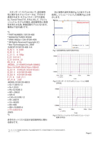 　スタンダード モデルにおいて、
             ・        逆回復特            　 次に実際の波形写真(Fig.1)と各モデルを
性に関するモデルパラメータは、       TTのみで           採用し、シミュレーションした結果(Fig.2,3)を
表現されます。      モデルパラメータTTの意味            示します。
は、Transit Timeです。それに対して、プロフェ
ッショナル モデルの場合、
        ・          逆回復特性に再現                                 Measurement
性を持たせる為、       等価回路モデルになります。
事例は下記の通りです。

*$
* PART NUMBER: 1SR139-400
* MANUFACTURER: ROHM
* VRM=400,Io=1.0A=IFSM=40A
* All Rights Reserved Copyright (C)
* Bee Technologies Inc. 2009
.SUBCKT D1SR139-400 A K
R_R2 5 6 3500                          Fig.1 逆回復特性の波形写真(IFIR法)
R_R1 3 4 1
C_C1 5 6 100p
E_E1 5 K 3 4 1
S_S1 6 K 4 K _S1
RS_S1 4 K 1G
.MODEL _S1 VSWITCH Roff=50MEG
Ron=1m Voff=90mV Von=100mV
G_G1 K A VALUE { V(3,4)-V(5,6) }
D_D1 2 K D1SR139-400
D_D2 4 K D1SR139-400
F_F1 K 3 VF_F1 1
VF_F1 A 2 0V
                                       Fig.2 スタンダード モデルのシミュレーション結果
                                                   ・
.MODEL D1SR139-400 D                   　　(IFIR法)
+ IS=11.801E-12
+ N=1.3533
+ RS=52.928E-3
+ IKF=.20632
+ ISR=0
+ CJO=22.539E-12
+ M=.36819
+ VJ=.46505
+ BV=400
+ IBV=10.000E-6
+ TT=3.8551E-6
.ENDS
*$                                     Fig.3 プロフェッショナル モデルのシミュレーション
                                                      ・
                                       　　結果 (IFIR法)
赤字のネットリスト記述が逆回復特性に関わ
る部分です。


*＄ ネッ
  ： トリストの前後にある記号は、PSpice独自の記号です。
                               この記述で前後のモデルの区別が出来ます。
TT: トランジット時間
                                                                    Page 2
 