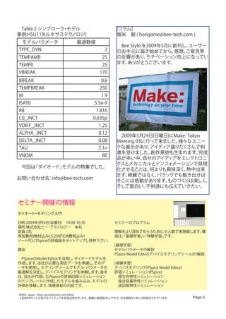 　Table.2 シンプローラ モデル
               ・                                 [コラム]　
事例:HSU119(ルネサステク ノロジ)                            堀米　毅 ( horigome@bee-tech.com )
 モデルパラメータ                    最適数値
                                                 　Bee Style:を2009年5月に創刊し、ユーザー
TYPE_DYN                                   2     のお手元に届き始めてから、       感想、ご意見等
TEMPAMB                                  25      の反響があり、     モチベーション向上になってい
TEMP0                                    25      ます。ありがとうございます。

VBREAK                                  170
IBREAK                                   0.6
TEMPBREAK                               250
M                                        1.9
ISAT0                                 5.5e-9
RB                                    1.816
C0_JNCT                              0.635p
VDIFF_JNCT                              1.25
ALPHA_JNCT                              0.12
                                                 　2009年5月24日(日曜日)にMake: Tokyo
DELTA_JNCT                              0.08     Meeting 03に行って来ました。様々なユニー
TAU                                     3.1n     クな展示があり、    アイディア盛りだく  さんで刺
                                                 激を受けました。    創作意欲も生まれます。    完成
VNOM                                     80
                                                 品が多い中、    自分のアイディアをエレク    トロニ
                                                 クスとメカニカルとインフォメーションで具現
　今回は「ダイオード」モデルの特集でした。
                                                 化させることは、    何よりも興味深く、 熱中出来
                                                 ます。 綺麗ではなく、   バラックでも動き出せば
お問い合わせ先 info@bee-tech.com
       ：
                                                 そこには感動があります。     ものづくりは楽しく、
                                                 そして面白い。    子供達にも伝えていきたい。
                                                 　

セミナー開催の情報
ダイオード モデリング入門
     ・

日時:2009年9月4日(金曜日)　14:00-16:30       セミナーのプログラム
場所:株式会社ビー テク ・ ノロジー　本社
定員:3名                               理解をより深めてもらうために少人数で実施致します。          構
参加費用(教材込み):5,250円(消費税込み)            成は、基礎学習」
                                        「          +「体験学習」  です。
ノートPCにPSpiceの評価版をセッ     トアップし持参下さい。
                                    [基礎学習]
趣旨                                  モデルパラメータの解説
                                    PSpice Model Editor(デバイスモデリングツール)の解説
　PSpiceのModel Editorを活用し、ダイオードモデルを
作成します。  当社が必要な測定データを準備し、       そのデ  [体験学習]
ータを使用し、   モデリングツールでモデル パラメータの
                            ・       デバイスモデリング(PSpice Model Editor)
最適解を決定し、   デバイスモデリングを体験します。      後半 評価シミュレーション(PSpice)
は、当社が作成したPSpiceの評価回路シミュレーション        　順方向特性シミュレーション
のテンプレートに作成したモデルを組み込み、         モデルの  　接合容量特性シミュレーション
評価を体験します。     実務直結の内容です。            　逆回復特性シミュレーション

MAKE: Japan : http://jp.makezine.com/blog/
上記WEBサイトは色々なアイディアを発見出来ます。                  また、書籍も英語版中心ですが、
                                                         日本語版も1年に4回発刊されています。   Page 5
 