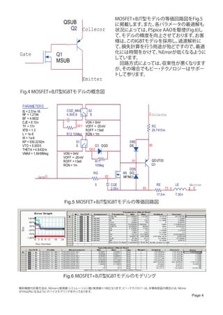 MOSFET+BJT型モデルの等価回路図をFig.5
                      QSUB                                    に掲載します。   また、 各パラメータの最適解も
                        Q2 Collecor                           状況によっては、   PSpice AAOを駆使(Fig.6)し
                                                              て、モデルの精度を向上させております。          お客
                                                              様は、 このIGBTモデルを採用し、    過渡解析に
                                                              て、損失計算を行う用途が殆どですので、          最適
Gate                                                          化には時間をかけて、     %Errorが低くなるように
                    Q1
                                                              しています。
                    MSUB                                      　回路方式によっては、      収束性が悪くなります
                                                              が、その場合でもビー テク  ・ ノロジーはサポー
                                                              トして参ります。
                                  Emitter

Fig.4 MOSFET+BJT型IGBTモデルの概念図


 PARAMETERS:
                       CGD_MAX            S2
                                  +
                                  -




 IS = 2.51e-16
 NF = 1.2194           4.30E-9             S                                       C Collector
                                  +
                                      -




 BF = 4.8832
 CJE = 6.10n                     VON = 0mV
 TF = 17n                    G01 VOFF = -20mV                                       RC
 XTB = 1.3                       ROFF = 10e9                                        29.7415m
 L = 1e-6              R12 10Meg RON = 1m
 W = 1e-6
 KP = 630.2292m              S1                                        DBE
                                  +
                                  -




 VTO = 5.0035                S               D3 DGD                    DE          85
                                      +
                                  -




 THETA = 4.8432m                          G02
 VMAX = 1.8469Meg     VON = 0mV
                      VOFF = -20mV
                      ROFF = 10e9              R11                       81         QOUT03
                      RON = 1m                 10Meg                                Q3
                                                                        DDS
                                               RG                   M3 DO
          Gate G                                       82           MFIN03

                                               5            CGE                         RE             LE       Emitter
                                                            2.05n             83                73 1           2 E
                                                                                        17.5m          7.50n

                      Fig.5 MOSFET+BJT型IGBTモデルの等価回路図




                      Fig.6 MOSFET+BJT型IGBTモデルのモデリング

解析精度の計算方法は、 %Error=(実測値-シミュレーション値)/実測値×100となります。 ・ ノロジーは、
                                                ビー テク    半導体部品の場合には、%Error
が5%以内になるようにデバイスモデリングを行っております。
                                                                                                                 Page 4
 