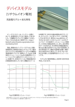 デバイスモデル
 [リチウムイオン電池]
 充放電モデル＋劣化特性




　ビー テク・ ノロジーは、        バッテリー分野に                                         は時間です。   SPICEの基本時間は秒です。      ここ
おいて、   放電特性モデルをご提供して参りま                                                は、タイムスケールと言うパラメータを作成
した。   12種類のモデルです。         種類につきまし                                      しておりますので、     単位は、 hour(表示は、   sで
ては、  こちらのURLをご参照下さい。            http://                                すが)になります。    このタイムスケールのモデ
beetech.web.infoseek.co.jp/products/ser-                               ルパラメータの採用で、     シミュレーション時間
vice/battery.html                                                      が、1/2440に短縮出来ました。     また、 劣化特性
                                                                       のデータがあれば、     その特性も等価回路内に
　現在、開発中のバッテリーモデルは、 ・    充電                                             取り込む事が出来ます。     Fig.10は今回採用した
放電特性に再現性のあるリチウムイオン電池                                                   劣化特性図です。     X軸が充放電の回数、      Y軸は
のモデルです。試作段階です。   モデルの種類は                                               劣化の割合を%で表示しています。         Fig.11は、
等価回路モデルです。事例として、   Fig.8に充電                                            劣化を考慮した充放電特性のシミュレーショ
特性シミュレーション、Fig.9に放電特性シミュ                                               ンです。
レーションです。緑色のラインがシミュレーシ
ョン結果です。赤色のラインは、   等価回路内の                                               　モデルのご提供時期は、2009年10月中旬を
計算結果を表示しています。   横軸のスケール                                                予定しております。

  5. 0V                                                                 5. 0V


  4. 0V                                                                 4. 0V


  3. 0V                                                                 3. 0V


  2. 0V                                                                 2. 0V


  1. 0V                                                                 1. 0V


    0V                                                                    0V
          0s                  1. 0s           2. 0s    3. 0s   4. 0s            0s                  1. 0s           2. 0s    3. 0s      4. 0s
               V( U1 : Hi )    V( U1 . OCV)                                          V( U1 : Hi )    V( U1 . OCV)
                                              T i me                                                                T i me


          Fig.8 充電特性シミュレーション                                                           Fig.9 放電特性シミュレーション
 IGBTのFWDについては、
              ダイオードモデルと同じ扱いになります。
                                ダイオードモデルについては、 Style:vol.002をご参照下さい。
                                              Bee
 ダイオードモデルをFWDモデルに置き換えて、 お読み下さい。
                                                                                                                                     Page 6
 