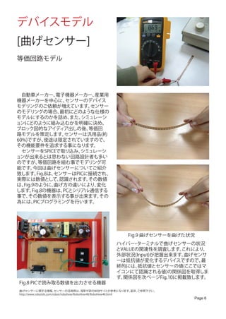 デバイスモデル
[曲げセンサー]
等価回路モデル




　自動車メーカー、      電子機器メーカー、 産業用
機器メーカーを中心に、       センサーのデバイス
モデリングのご依頼が増えています。       センサー
のモデリングの場合、      最初にどのような仕様の
モデルにするのかを詰め、       また、シミュレーシ
ョンにどのように組み込むかを明確に決め、
ブロック図的なアイディア出しの後、       等価回
路モデルを策定します。      センサーは汎用品(約
60%)ですが、    使途は限定されていますので、
その機能要件を追求する事になります。
　センサーをSPICEで取り込み、     シミュレーシ
ョンが出来るとは思わない回路設計者も多い
のですが、    等価回路を組む事でモデリング可
能です。   今回は曲げセンサーについてご紹介
致します。   Fig.8は、センサーはPICに接続され、
実際には数値として、      認識されます。 その数値
は、Fig.9のように、   曲げ方の違いにより、 変化
します。  Fig.8の機器は、 PCとシリアル通信する
事で、 その数値を表示する事が出来ます。       その
為には、   PICプログラミングを行います。




                                                         Fig.9 曲げセンサーを曲げた状況
                                                  ハイパー ターミナルで曲げセンサーの状況
                                                        ・
                                                  とVALUEの関連性を調査します。 これにより、
                                                  外部状況(Input)が把握出来ます。曲げセンサ
                                                  ーは抵抗値が変化するデバイスですので、    最
                                                  終的には、  抵抗値とセンサーの値(ここではマ
                                                  イコンにて認識される値)の関係図を取得しま
                                                  す。関係図を次ページFig.10に掲載致します。
Fig.8 PICで読み取る数値を出力させる機器
曲げセンサーに関する情報、            センサーの活用例は、       浅草ギ研のWEBサイトが参考になります。 是非、
                                                                 ご参照下さい。
http://www.robotsfx.com/robot/robohow/RoboHow48/RoboHow48.html
                                                                           Page 6
 