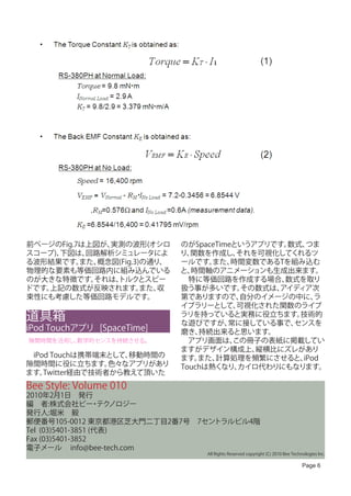 前ページのFig.7は上図が、実測の波形(オシロ      のがSpaceTimeというアプリです。数式、 つま
スコープ)、下図は、 回路解析シミュレータによ       り、関数を作成し、   それを可視化してくれるツ
る波形結果です。  また、概念図(Fig.3)の通り、   ールです。  また、 時間変数であるTを組み込む
物理的な要素も等価回路内に組み込んでいる          と、時間軸のアニメーションも生成出来ます。
のが大きな特徴です。  それは、トルクとスピー       　特に等価回路を作成する場合、     数式を取り
ドです。上記の数式が反映されます。      また、収   扱う事が多いです。    その数式は、
                                                アイディア次
束性にも考慮した等価回路モデルです。            第でありますので、   自分のイメージの中に、   ラ
                              イブラリーとして、   可視化された関数のライブ
道具箱                           ラリを持っていると実務に役立ちます。
                              な遊びですが、   常に接している事で、
                                                    技術的
                                                   センスを
iPod Touchアプリ [SpaceTime]     磨き、 持続出来ると思います。
隙間時間を活用し、数学的センスを持続させる。        　アプリ画面は、   この冊子の表紙に掲載してい
                              ますがデザイン構成上、    縦横比にズレがあり
　iPod Touchは携帯端末として、移動時間の     ます。 また、計算処理を頻繁にさせると、   iPod
隙間時間に役に立ちます。     色々なアプリがあり    Touchは熱くなり、 カイロ代わりにもなります。
ます。 Twitter経由で技術者から教えて頂いた
Bee Style: Volume 010
2010年2月1日　発行
編　者:株式会社ビー テク      ・ ノロジー
発行人:堀米　毅
郵便番号105-0012 東京都港区芝大門二丁目2番7号　7セントラルビル4階
Tel (03)5401-3851 (代表)
Fax (03)5401-3852
電子メール info@bee-tech.com
                                   All Rights Reserved copyright (C) 2010 Bee Technologies Inc.

                                                                                   Page 6
 