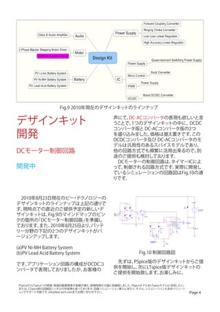 Fig.9 2010年現在のデザインキットのラインナップ


デザインキット                                        声にて、
                                               うことで、
                                                    DC-ACコンバータの表現も欲しいと言
                                                     1つのデザインキッ トの中に、 DCDC
                                               コンバータ版と DC-ACコンバータ版の2つ
開発                                             を盛り込みました。   価格は据え置きです。 この
                                               DCDCコンバータ及び DC-ACコンバータのモ
                                               デルは汎用性のあるスパイスモデルであり、
DCモーター制御回路                                     他の回路方式でも頻繁に活用出来るので、     別
                                               途のご提供も検討しております。
                                               　DCモーターの制御回路は、   タイマーICによ
開発中                                            って、制御される回路方式です。   実際に開発し
                                               ているシミュレーションの回路図はFig.10の通
                                               りです。



　2010年8月23日現在のビー テク ・ ノロジーの
デザインキッ   トのラインナップは上記の通りで
                                                                                                                                                                                                                                  V3
                                                                                                                                                                                                                       0Vdc


                                                                                                                                                                                                                              0



す。現時点での直近のご提供予定の新しいデ
                                                                     D4      D7                                                                                                                       D3
                                                                                                                                                                                                      D4001                            U3
                                                                                                                                                                                                                              +        12VDCMOT OR
                                                                     D4001   D4001              U2
                                                                V1
                                                                                                IN     OUT
                                                                                                                                                                                                                              -        LOAD = 0.125




ザインキッ  トは、 Fig.9のマインドマップのピン                     VOFF = 0
                                                VAMPL = 19.2V
                                                FREQ = 50
                                                                     D6      D5
                                                                                          V
                                                                                                     GND

                                                                                                           uPC7812A
                                                                                                                                                                                                                              1




クの箇所の 「DCモーター制御回路」     を準備し
                                                                     D4001   D4001         C3                                                                                       8
                                                                                         470u                                                                                            U1
                                                                                                                                                              R1
                                                                                                                                                                                   VCC
                                                                                                                                                                           2                     R4
                                                                                                                                                              10k          4  T RIGGER       3                 Q2
                                                                                                                                                                              RESET OUT PUT



ております。  また、 2010年8月25日より、バッテ
                                                                                                                                                                           5                                  QBC547
                                                                                                                                                                              CONT ROL           10k
                                                                                                                                                                           6
                                                                                                                         D1                                                7  T HRESHOLD
                                                                                     0                                                          D2                            DISCHARGE
                                                                                                                                                                                    GND                                        Q1
                                                                                                                                                                                        555B



リー分野の下記の2つのデザインキッ       トがバ
                                                                                                                        D1N4148                 D1N4148                                                                       Q2SC1061
                                                                                                                                                                           C2        1
                                                                                                                         R2                     R3
                                                                                                                                                                           1nF
                                                                                                                          5k                     30k                       IC = 0    0
                                                                                                                           RV1     RV2


ージョンアップします。
                                                                                                                                                                       0
                                                                                                                           {vr1}   {500k-vr1}                                                                                 0


                                                                                                                      PARAMETERS:                             C1
                                                                                                                      vr1 = 250K                              0.97nF
                                                                                                                                                              IC = 0



(a)PV Ni-MH Battery System                                                                                                                                0




(b)PV Lead Acid Battery System                                                                Fig.10 制御回路図
                                                　先ずは、PSpice版のデザインキッ トからご提
です。
  アプリケーション回路の構成がDCDCコ
                                                供を開始し、次にLTspice版デザインキットの
ンバータで表現しておりましたが、お客様の
                                                ご提供を開始致します。   お楽しみに。

PSpiceからLTspiceへの移殖、  等価回路置換等の実績が増え、      移殖時間が大幅に短縮致しました。PSpiceモデルをLTspiceモデルに活用したい。
または、  LTspice用の回路図シンボルの作成等も承っております。        回路シミュレーション導入にあたり、 モデル、 シミュレーションも含めソリューシ
ョンでサポート可能です。      info@bee-tech.comまでお問い合わせ下さい。                                                                                                                                                                  Page 4
 