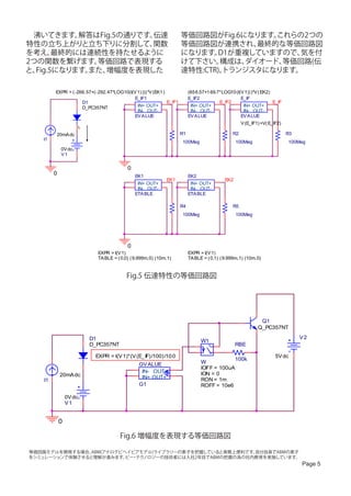 　沸いてきます。   解答はFig.5の通りです。伝達                                           等価回路図がFig.6になります。これらの2つの
特性の立ち上がりと立ち下りに分割して、     関数                                            等価回路図が連携され、   最終的な等価回路図
を考え、   最終的には連続性を持たせるように                                               になります。  D1が重複していますので、気を付
2つの関数を繋げます。   等価回路で表現する                                               けて下さい。  構成は、ダイオード、等価回路(伝
と、Fig.5になります。
            また、 増幅度を表現した                                              達特性:CTR)、トランジスタになります。

        EXPR = ( -266.57+(- 292.47*LOG10(I(V 1) ))) *V (EK1 )              (65 6.57+1 69.7*LOG10 (I(V 1)) )*V ( EK2)
                                            E_IF1                          E_IF2                    E_IF
                    D1                                        E_IF1                       E_IF2                      E_IF
                    D_PC357NT                IN+ OUT+                       IN+ OUT+                 IN+ OUT+
                                             IN- OUT-                       IN- OUT-                 IN- OUT-
                                            EV A LUE                       EV A LUE                 EV A LUE
                                                                                                      V (E_IF1) +V( E_IF2)
                    IF
        20mA dc                                                       R1                         R2                          R3
   I1
                                                                      100Meg                       100Meg                    100Meg
            0V dc
            V1


                                          0
        0                                     EK1                          EK2
                                                             EK1                             EK2
                                               IN+ OUT+                     IN+ OUT+
                                               IN- OUT-                     IN- OUT-
                                              ETA BLE                      ETA BLE

                                                                      R4                         R5
                                                                      100Meg                       100Meg




                                          0
                            EXPR = I(V 1)                                  EXPR = I(V 1)
                            TA BLE = ( 0,0) ( 9.999m,0) (10m,1)            TA BLE = ( 0,1) ( 9.999m,1) (10m,0)


                                          Fig.5 伝達特性の等価回路図




                                                                                                               Q1
                                                                                                              Q_PC357NT

                         D1                                                                                                       V2
                                                                                 W1
                         D_PC357NT                                                  +              RBE
                                                                                      -
                           EXPR = I(V 1)*(V (E_ IF) /100) /10 0                                                        5V dc
                                                                                             100k
                                                GV ALUE                          W
                                                                                 IOFF = 100uA
                                                 IN- OUT-                        ION = 0
            20mA dc                              IN+ OUT+
   I1                                                                            RON = 1m
                                                G1                               ROFF = 10e6

                0V dc
                V1


            0

                                      Fig.6 増幅度を表現する等価回路図

等価回路モデルを開発する場合、 ABM(アナログビヘイビアモデル)ライブラリーの素子を把握していると実務上便利です。
                                                         自分自身でABMの素子
をシミュレーションで体験させると理解が進みます。 ・ ノロジーの技術者には入社2年目でABMの把握の為の社内教育を実施しています。
                          ビー テク
                                                                                                                                  Page 5
 