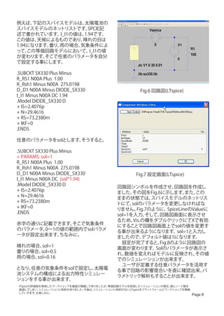 例えば、  下記のスパイスモデルは、   太陽電池の
スパイスモデルのネッ   トリストです。   SPCIE記
述で書かれています。   I_I1の値は、1.94です。
この値は、  天候によるものであり、   晴れの日は
1.94になります。曇り、雨の場合、  気象条件によ
って、 この等価回路モデルにおいて、      I_I1の値
が変わります。  そこで任意のパラメータを自分
で設定する事にします。

.SUBCKT SX330 Plus Minus
R_RS1 N00A Plus 1.00
R_Rsh1 Minus N00A 275.0198
D_D1 N00A Minus DIODE_SX330                        Fig.6 回路図(LTspice)
I_I1 Minus N00A DC 1.94
.Model DIODE_SX330 D
+ IS=2.4076p
+ N=29.4616
+ RS=73.2380m
+ IKF=0
.ENDS

任意のパラメータをsolとします。そうすると、

.SUBCKT SX330 Plus Minus
+ PARAMS: sol=1
R_RS1 N00A Plus 1.00
R_Rsh1 Minus N00A 275.0198
D_D1 N00A Minus DIODE_SX330                      Fig.7 設定画面(LTspice)
I_I1 Minus N00A DC {sol*1.94}
.Model DIODE_SX330 D
                                         回路図シンボルを作成させ、           回路図を作成し
+ IS=2.4076p
                                         ました。  その図をFig.6に示します。        また、この
+ N=29.4616
                                         ままの状態では、       スパイスモデルのネッ       トリス
+ RS=73.2380m
                                         トにて、  solのパラメータを変更しなければな
+ IKF=0
                                         りません。    Fig.7のように、  SpiceLineのValueに
.ENDS
                                         sol=1を入力。    そして、回路図画面に表示させ
                                         るため、   Vis.の欄をダブルクリックにてXで有効
赤字の通りに記載できます。 そこで気象条件
                                         にすることで回路図画面上でsolの値を変更す
のパラメータ、0～1の値の範囲内でsolパラメ
                                         る事が出来るようになります。           sol=1と入力し
ータが設定出来ます。 ちなみに、
                                         ましたので、     デフォルト値は1になります。
                                         　設定が完了すると、       Fig.8のように回路図の
晴れの場合、  sol=1
                                         画面が変わります。       Solのパラメータが表示さ
曇りの場合、 sol=0.5
                                         れ、 数値を変えればモデルに反映され、             その値
雨の場合、sol=0.16
                                         でのシミュレーションが出来ます。
                                         　ユーザが定義する任意パラメータを活用す
となり、任意の気象条件をsolで設定し、太陽電
                                         る事で回路の影響度合いを直に確認出来、                 パ
池システムの構成による出力特性シミュレー
                                         ラメトリック解析もすることが出来ます。
ションをする事が出来ます。
PSpiceの評価版を使用したワークショップを幾度か開催して参りましたが、等価回路モデルを採用したシミュレーションの場合、   直にノード数を
超過してしまい、  シミュレーションに制約がありました。今後は、
                               シミュレーションに制約のないLTspiceをプラットフォームにワークショップを開催
していきます。  お楽しみに。
                                                                           Page 8
 