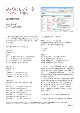 スパイス パーク
    ・
アップデート情報
2011年9月度

ダイオード
パワーMOSFET


　2011年9月度のスパイスモデルのアップデ                1SS336(スタンダードモデル)
ートは、 ダイオード及びMOSFETのスパイスモ
デルを中心にアップデート致しました。   19モ             [MOSFETのスパイスモデル]
デルです。                                MOSFETのスパイスモデルは、 本体のMOSFET
                                     とボディ ダイオードの構成です。
                                           ・
[ダイオードのスパイスモデル]
                                      [メーカー]
[メーカー]                                ローム
パナソニック
[型名]                                  [型名]
MA3X152K0L(プロフェッショナルモデル)              2SK3019(プロフェッショナルモデル)
MA3X152K0L(スタンダードモデル)                 2SK3019(スタンダードモデル)
MA4S111(プロフェッショナルモデル)                 RJU002N06(プロフェッショナルモデル)
MA4S111(スタンダードモデル)                    RJU002N06(スタンダードモデル)

[メーカー]                               　スパイス パークのWEB版には未だ、
                                           ・                       下記の
新電元工業                                スパイスモデルが、    反映されていない場合があ
[型名]                                 ります。その際は、  お問い合わせ下さい(メール
D3SB80(スタンダードモデル)                    アドレス 　info@bee-tech.com)。
                                         ：                     スパイス パ  ・
D5LC20U(スタンダードモデル)                   ークのWEB版は、  http://www.spicepark.com
D25XB80(スタンダードモデル)                   でご参照できます。
                                     　これらのスパイスモデルは、        解析精度に優れ
[メーカー]                               ているため、 過渡解析における損失計算も波
東芝セミコンダクター&ストレージ社                    形レベルで再現出来ます。       また、  ご希望のデバ
[型名]                                 イスのデバイスモデリングのリクエストもデバ
1SS184(プロフェッショナルモデル)                 イスモデリングサービスにて承っております。
1SS184(スタンダードモデル)                    是非、ご活用下さい。    関連サイトは、      下記をご
1SS193(プロフェッショナルモデル)                 参照下さい。
1SS193(スタンダードモデル)
1SS196(プロフェッショナルモデル)                  ダイオードモデル--> http://ow.ly/6l1tT
1SS196(スタンダードモデル)
1SS336(プロフェッショナルモデル)                  パワーMOSFETモデル--> http://ow.ly/6l1BF

スパイス パーク(日本語版)では、
    ・           ダイオードのスタンダードモデルを無償でダウンロード 出来ます(日本の半導体メーカー限定)。是非、
                                                               この機会
にスパイスモデルをご活用ください。 また、
                    このキャンペーンは予告なきご変更があります。 ご了承ください。
                                                                      Page 2
 
