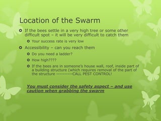 Location of the Swarm
 If the bees settle in a very high tree or some other
difficult spot – it will be very difficult to catch them
 Your success rate is very low

 Accessibility – can you reach them
 Do you need a ladder?
 How high????

 If the bees are in someone’s house wall, roof, inside part of
a building structure (which requires removal of the part of
the structure ----------CALL PEST CONTROL!

You must consider the safety aspect – and use
caution when grabbing the swarm

 