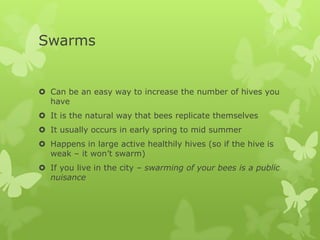 Swarms

 Can be an easy way to increase the number of hives you
have
 It is the natural way that bees replicate themselves
 It usually occurs in early spring to mid summer
 Happens in large active healthily hives (so if the hive is
weak – it won’t swarm)
 If you live in the city – swarming of your bees is a public
nuisance

 