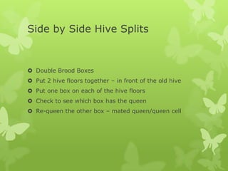 Side by Side Hive Splits

 Double Brood Boxes
 Put 2 hive floors together – in front of the old hive
 Put one box on each of the hive floors
 Check to see which box has the queen

 Re-queen the other box – mated queen/queen cell

 