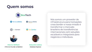Quem somos
Nós somos um provedor de
infraestrutura para transações
cross border e nossa missão é
transformar o mercado
brasileiro de transferências
internacionais com soluções
escaláveis e integráveis para
negócios e indivíduos.
Márcio William Eduardo Lisboa
 