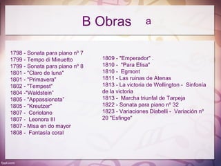 B Obras               a


1798 - Sonata para piano nº 7
1799 - Tempo di Minuetto        1809 - "Emperador" .
1799 - Sonata para piano nº 8   1810 - "Para Elisa"
1801 - "Claro de luna"          1810 - Egmont
1801 - "Primavera"              1811 - Las ruinas de Atenas
1802 - "Tempest"                1813 - La victoria de Wellington - Sinfonía
1804 -"Waldstein”               de la victoria
1805 - "Appassionata”           1813 - Marcha triunfal de Tarpeja
1805 - "Kreutzer"               1822 - Sonata para piano nº 32
1807 - Coriolano                1823 - Variaciones Diabelli - Variación nº
1807 - Leonora III              20 "Esfinge"
1807 - Misa en do mayor
1808 - Fantasía coral
 
