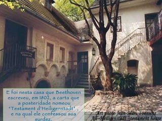 Pantanal E foi nesta casa que Beethoven escreveu, em 1802, a carta que a posteridade nomeou “ Testament d’Heiligenstadt” ,  e na qual ele confessou sua surdez. 