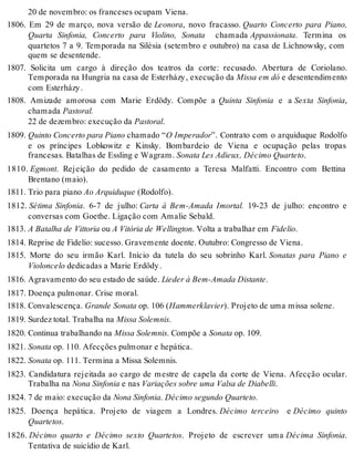 20 de novembro: os franceses ocupam Viena.
1806. Em 29 de março, nova versão de Leonora, novo fracasso. Quarto Concerto para Piano,
Quarta Sinfonia, Concerto para Violino, Sonata chamada Appassionata. Termina os
quartetos 7 a 9. Temporada na Silésia (setembro e outubro) na casa de Lichnowsky, com
quem se desentende.
1807. Solicita um cargo à direção dos teatros da corte: recusado. Abertura de Coriolano.
Temporada na Hungria na casa de Esterházy, execução da Missa em dó e desentendimento
com Esterházy.
1808. Amizade amorosa com Marie Erdödy. Compõe a Quinta Sinfonia e a Sexta Sinfonia,
chamada Pastoral.
22 de dezembro: execução da Pastoral.
1809. Quinto Concerto para Piano chamado “O Imperador”. Contrato com o arquiduque Rodolfo
e os príncipes Lobkowitz e Kinsky. Bombardeio de Viena e ocupação pelas tropas
francesas. Batalhas de Essling e Wagram. Sonata Les Adieux, Décimo Quarteto.
1810. Egmont. Rejeição do pedido de casamento a Teresa Malfatti. Encontro com Bettina
Brentano (maio).
1811. Trio para piano Ao Arquiduque (Rodolfo).
1812. Sétima Sinfonia. 6-7 de julho: Carta à Bem-Amada Imortal. 19-23 de julho: encontro e
conversas com Goethe. Ligação com Amalie Sebald.
1813. A Batalha de Vittoria ou A Vitória de Wellington. Volta a trabalhar em Fidelio.
1814. Reprise de Fidelio: sucesso. Gravemente doente. Outubro: Congresso de Viena.
1815. Morte do seu irmão Karl. Início da tutela do seu sobrinho Karl. Sonatas para Piano e
Violoncelo dedicadas a Marie Erdödy.
1816. Agravamento do seu estado de saúde. Lieder à Bem-Amada Distante.
1817. Doença pulmonar. Crise moral.
1818. Convalescença. Grande Sonata op. 106 (Hammerklavier). Projeto de uma missa solene.
1819. Surdez total. Trabalha na Missa Solemnis.
1820. Continua trabalhando na Missa Solemnis. Compõe a Sonata op. 109.
1821. Sonata op. 110. Afecções pulmonar e hepática.
1822. Sonata op. 111. Termina a Missa Solemnis.
1823. Candidatura rejeitada ao cargo de mestre de capela da corte de Viena. Afecção ocular.
Trabalha na Nona Sinfonia e nas Variações sobre uma Valsa de Diabelli.
1824. 7 de maio: execução da Nona Sinfonia. Décimo segundo Quarteto.
1825. Doença hepática. Projeto de viagem a Londres. Décimo terceiro e Décimo quinto
Quartetos.
1826. Décimo quarto e Décimo sexto Quartetos. Projeto de escrever uma Décima Sinfonia.
Tentativa de suicídio de Karl.
 