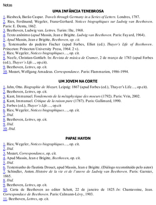 Notas
UMA INFÂNCIA TENEBROSA
1. Riesbeck, Barão Caspar. Travels through Germany in a Series of Letters. Londres, 1787.
2. Ries, Ferdinand; Wegeler, Franz-Gerhard. Notices biographiques sur Ludwig van Beethoven.
Paris: E. Dentu, 1862.
3. Beethoven, Ludwig van. Lettres. Turim: Ilte, 1968.
4. Texto anônimo (apud Massin, Jean e Brigitte. Ludwig van Beethoven. Paris: Fayard, 1964).
5. Apud Massin, Jean e Brigitte, Beethoven, op. cit.
6. Testemunho do padeiro Fischer (apud Forbes, Elliot (ed.). Thayer’s Life of Beethoven.
Princeton: Princeton University Press, 1964. 2 v).
7. Ries; Wegeler, Notices biographiques…, op. cit.
8. Neefe, Christian-Gottlieb. In: Revista de música de Cramer, 2 de março de 1783 (apud Forbes
(ed.), Thayer’s Life..., op.cit).
9. Beethoven, Lettres, op. cit.
10. Mozart, Wolfgang Amadeus. Correspondance. Paris: Flammarion, 1986-1994.
UM JOVEM NA CORTE
1. Jahn, Otto. Biographie de Mozart. Leipzig: 1867 (apud Forbes (ed.), Thayer’s Life…, op.cit).
2. Beethoven, Lettres, op. cit.
3. Kant, Immanuel. Fondements de la métaphysique des moeurs (1792). Paris: Vrin, 2002.
4. Kant, Immanuel. Critique de la raison pure (1787). Paris: Gallimard, 1990.
5. Forbes (ed.), Thayer’s Life…, op.cit
6. Ries; Wegeler, Notices biographiques…, op. cit.
7. Ibid.
8. Beethoven, Lettres, op. cit.
9. Ibid.
10. Ibid.
PAPAI HAYDN
1. Ries; Wegeler, Notices biographiques…, op. cit.
2. Ibid.
3. Mozart, Correspondance, op. cit.
4. Apud Massin, Jean e Brigitte, Beethoven, op. cit.
5. Ibid.
6. Testemunho do flautista Drouet, apud Massin, Jean e Brigitte. (Diálogo reconstituído pelo autor)
7. Schindler, Anton. Histoire de la vie et de l’œuvre de Ludwig van Beethoven. Paris: Garnier,
1865.
8. Ibid.
9. Beethoven, Lettres, op. cit.
10. Carta de Beethoven ao editor Schott, 22 de janeiro de 1825. In: Chantavoine, Jean.
Correspondace de Beethoven. Paris: Calmann-Lévy, 1903.
11. Beethoven, Lettres, op. cit.
 
