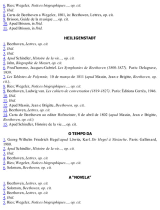 6. Ries; Wegeler, Notices biographiques…, op. cit.
7. Ibid.
8. Carta de Beethoven a Wegeler, 1801, in: Beethoven, Lettres, op. cit.
9. Brisson, Guide de la musique…, op. cit.
10. Apud Brisson, in Ibid.
11. Apud Brisson, in Ibid.
HEILIGENSTADT
1. Beethoven, Lettres, op. cit.
2. Ibid.
3. Ibid.
4. Apud Schindler, Histoire de la vie..., op. cit.
5. Jahn, Biographie de Mozart, op. cit.
6. Prod’homme, Jacques-Gabriel. Les Symphonies de Beethoven (1800-1827). Paris: Delagrave,
1939.
7. Les Tablettes de Polymnie, 10 de março de 1811 (apud Massin, Jean e Brigitte, Beethoven, op.
cit.).
8. Ries; Wegeler, Notices biographiques…, op. cit.
9. Beethoven, Ludwig van. Les cahiers de conversation (1819-1827). Paris: Éditions Corrêa, 1946.
10. Ibid.
11. Ibid.
12. Apud Massin, Jean e Brigitte, Beethoven, op. cit..
13. Beethoven, Lettres, op. cit.
14. Carta de Beethoven ao editor Hofmeister, 8 de abril de 1802 (apud Massin, Jean e Brigitte,
Beethoven, op. cit.)
15. Apud Schindler, Histoire de la vie..., op. cit.
O TEMPO DA
1. Georg Wilhelm Friedrich Hegel apud Löwitz, Karl. De Hegel à Nietzsche. Paris: Gallimard,
1980.
2. Apud Schindler, Histoire de la vie..., op. cit.
3. Ibid.
4. Beethoven, Lettres, op. cit.
5. Ries; Wegeler, Notices biographiques…, op. cit.
6. Solomon, Beethoven, op. cit.
A “NOVELA”
1. Beethoven, Lettres, op. cit.
2. Solomon, Beethoven, op. cit.
3. Beethoven, Lettres, op. cit.
4. Ibid.
5. Ries; Wegeler, Notices biographiques…, op. cit.
 